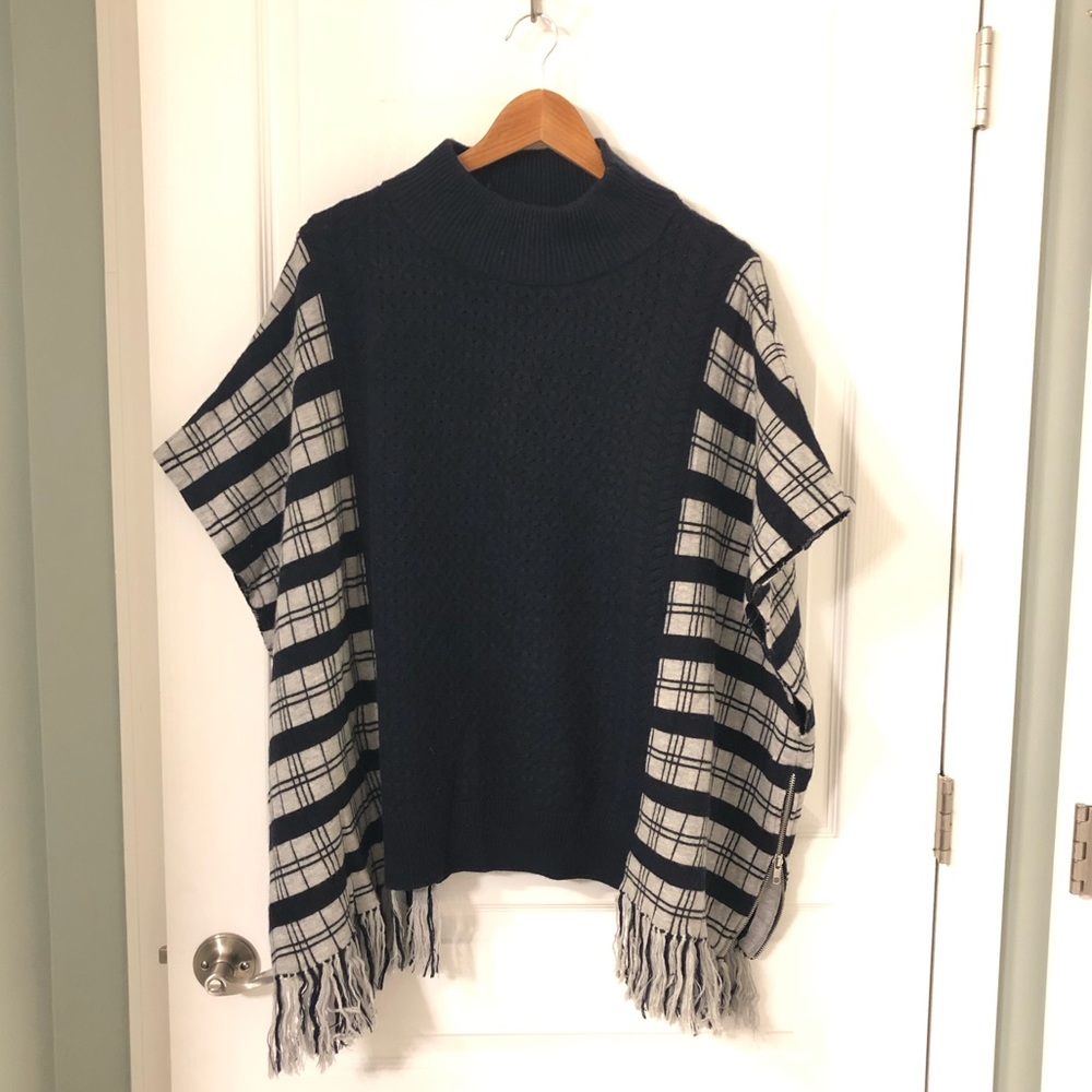 French Connection Sweater Poncho Navy Plaid